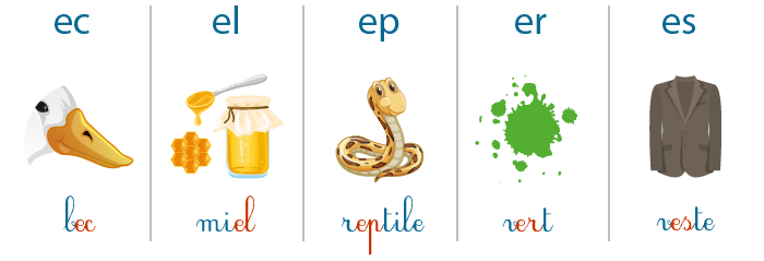 Apprendre à lire, les sons ec, el, ep, er, es