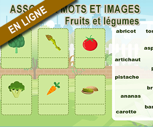 Exercice de lecture en ligne, associer mots et images, les fruits et les légumes