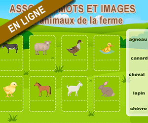 Exercice de lecture en ligne, associer mots et images, les animaux de la ferme