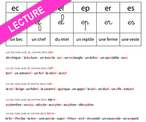 Fiche de lecture à imprimer, les sons ec, ef, el, ep, er, es