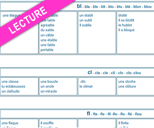 Fiche de lecture à imprimer, les sons bl, cl, fl, gl, pl