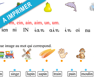Fiche d'exercices à imprimer, les sons in, im, ein, ain, aim, un, um