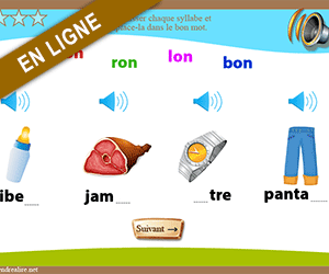 Exercice en ligne ; son on ; replacer les syllabes dans un mot
