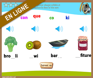 Exercice en ligne ; son [k] ; replacer les syllabes dans un mot