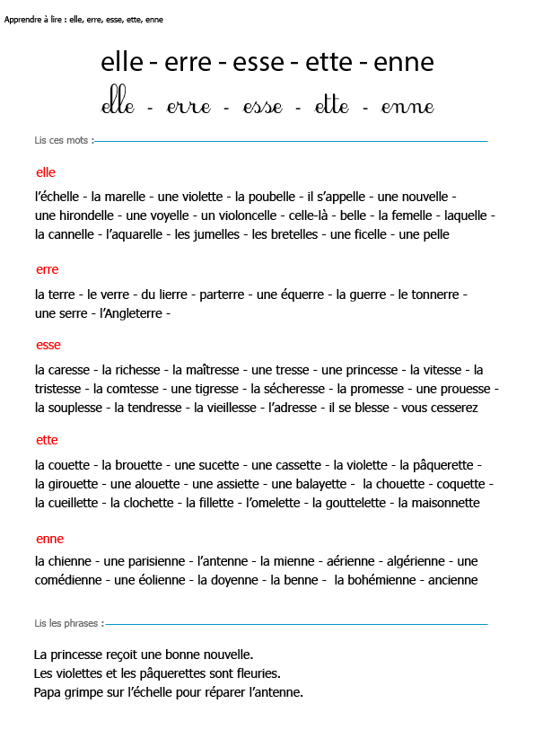 Fiche de lecture à imprimer : les sons elle, enne, erre, esse, ette