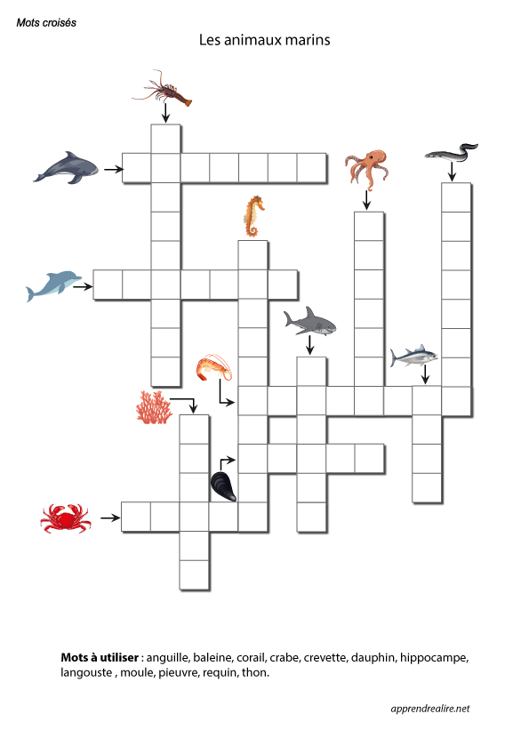 Mots fléchés faciles à imprimer, les animaux marins